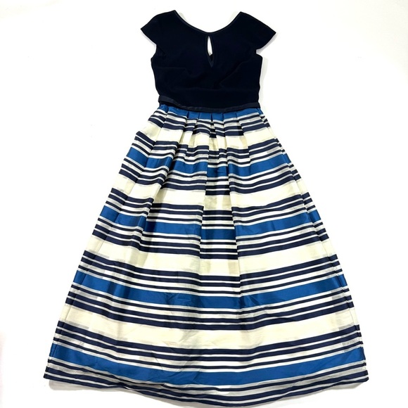 Theia Jacquard Nautical Stripe Midi Dress Blue Cap Sleeve V Back - Picture 3 of 12